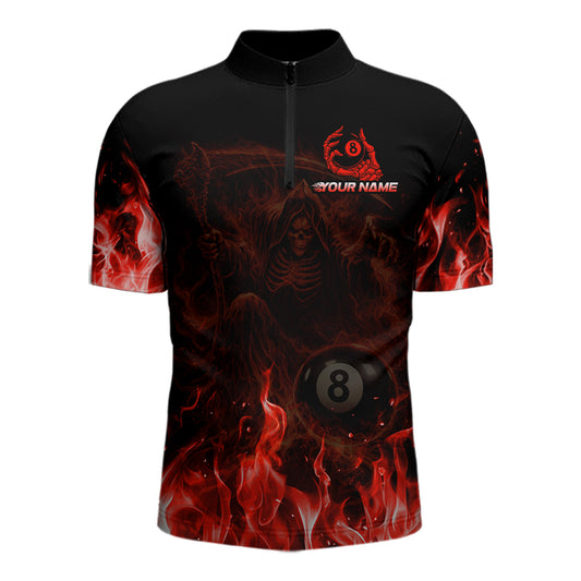 Custom Red Flaming Grim Reaper 8 Ball Billiard Pool Shirts For Men Bowling Polo & 1/4-Zip Jersey NYN2775