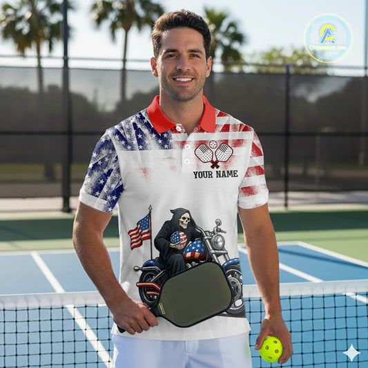 Custom Grim Reaper Motorcycle Pickleball Jersey For Men Patriotic Pickleball Paddle Shirts NYN2132
