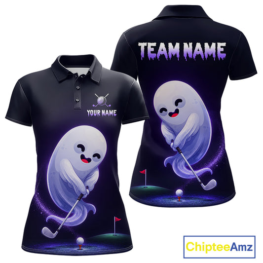 Funny Purple Ghost women's golf polo shirt, Halloween golf apparel, breathable golf uniform, personalized golf team shirt