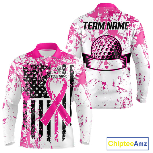 Pink American flag splatter mens golf polo breast cancer golf shirt