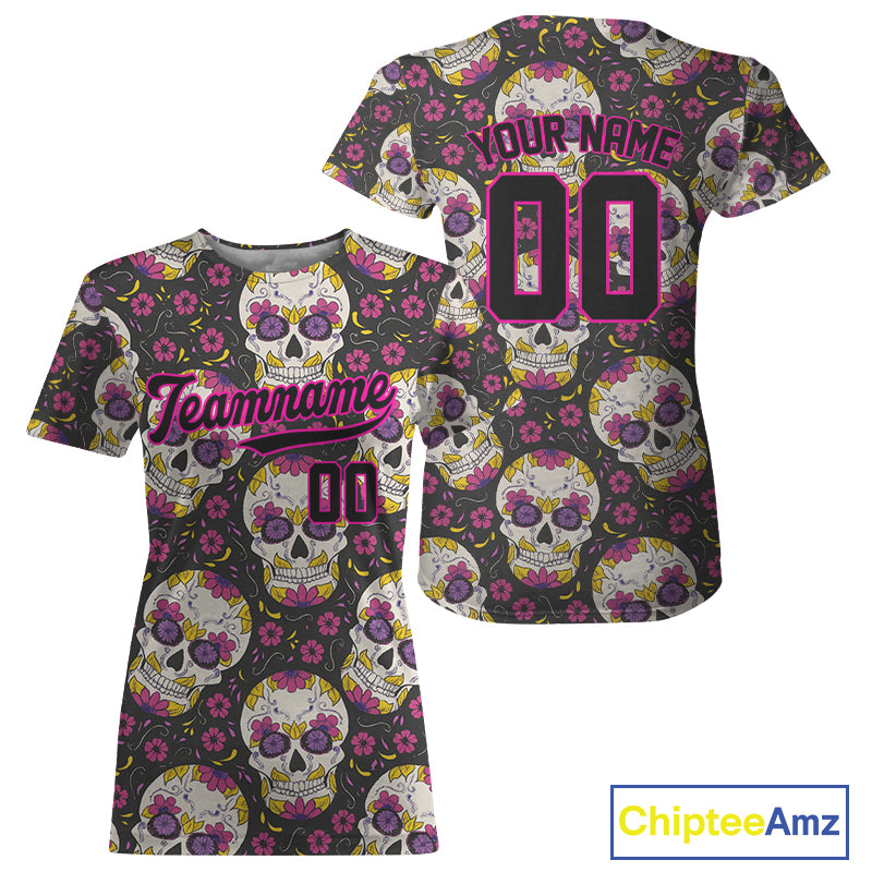 Custom Black And Pink Skull Halloween Baseball Jersey For Women Creepy Baseball Jersey NYN1286