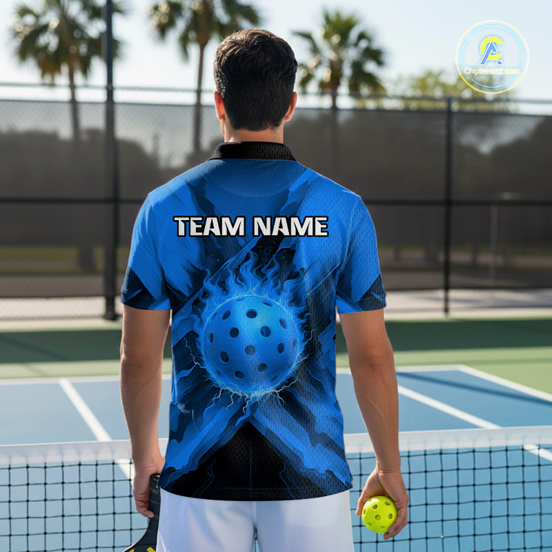 Custom Fire Flame Blue Pickleball Ball T-Shirt For Men Outfits Pickleball Jerseys NYN2486