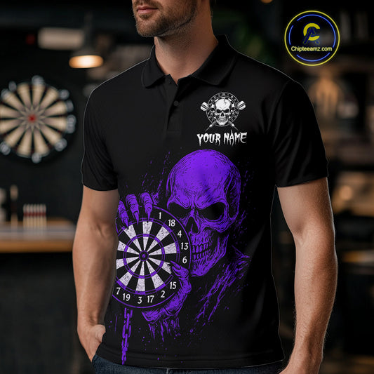 Custom Men's Dart Polo Shirt With Purple Blood Skull Holding Dartboard, Darts Jersey NYN1794