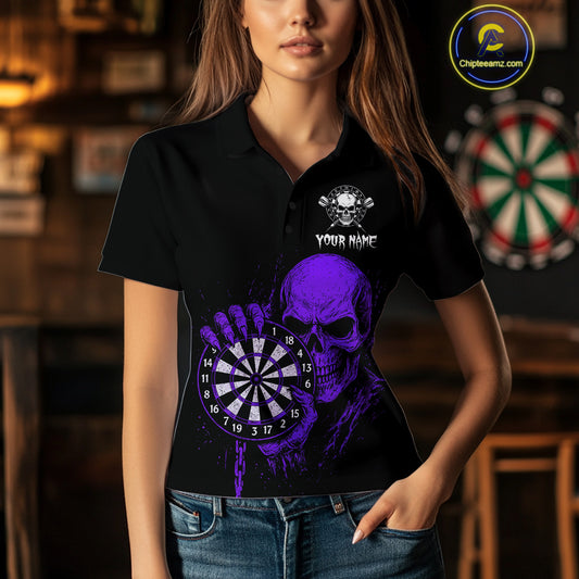 Custom Women Dart Polo Shirt With Purple Blood Skull Holding Dartboard, Darts Jersey NYN1794