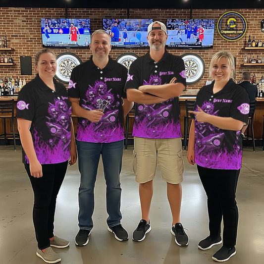 Custom Purple Flames Shark And Skull 3D Women Darts Quarter-Zip League Shirts Funny Dart Jerseys NYN2205