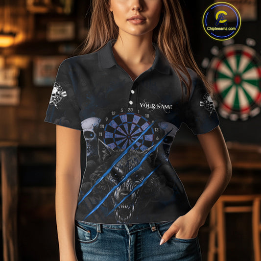 Blue Blood Scratch Wolf Women Darts Polo Shirt Custom Name & Team Skull Dart League Shirt NYN2056