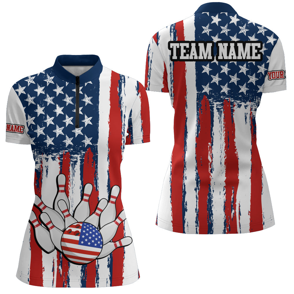 American Bowling Quarter-Zip Shirt for Women Custom Bowling Team Shirt Bowlers Jersey QZT227