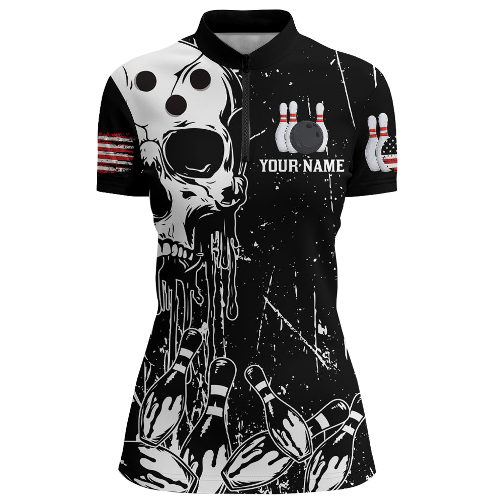 American Skull Bowling 1/4 Zip Shirt Men & Women Custom Bowling Team Jersey Patriotic CP01