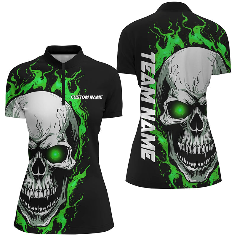 Green Flame Skull Women Sport Jerseys, Custom Team Bowling Ladies Quarter Zip Shirts IPHW5269