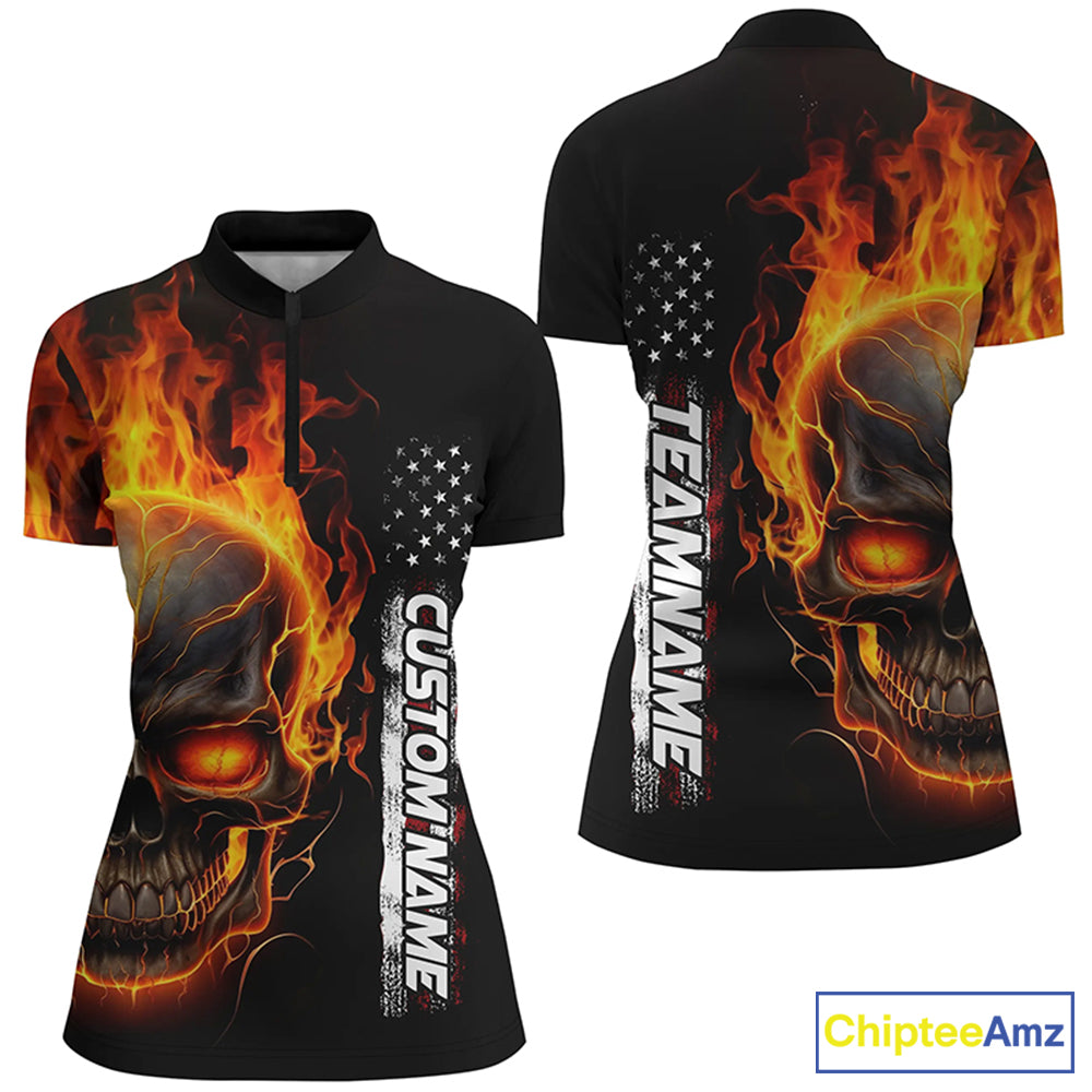 Flame Skull Custom Bowling Quarter Zip Shirts For Women, American Bowling Team Jerseys IPHW5275