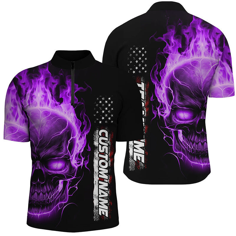 Purple Flame Skull Custom Bowling 1/4 Zip Shirts For Men And Women, American Bowling Team Jerseys IPHW5276