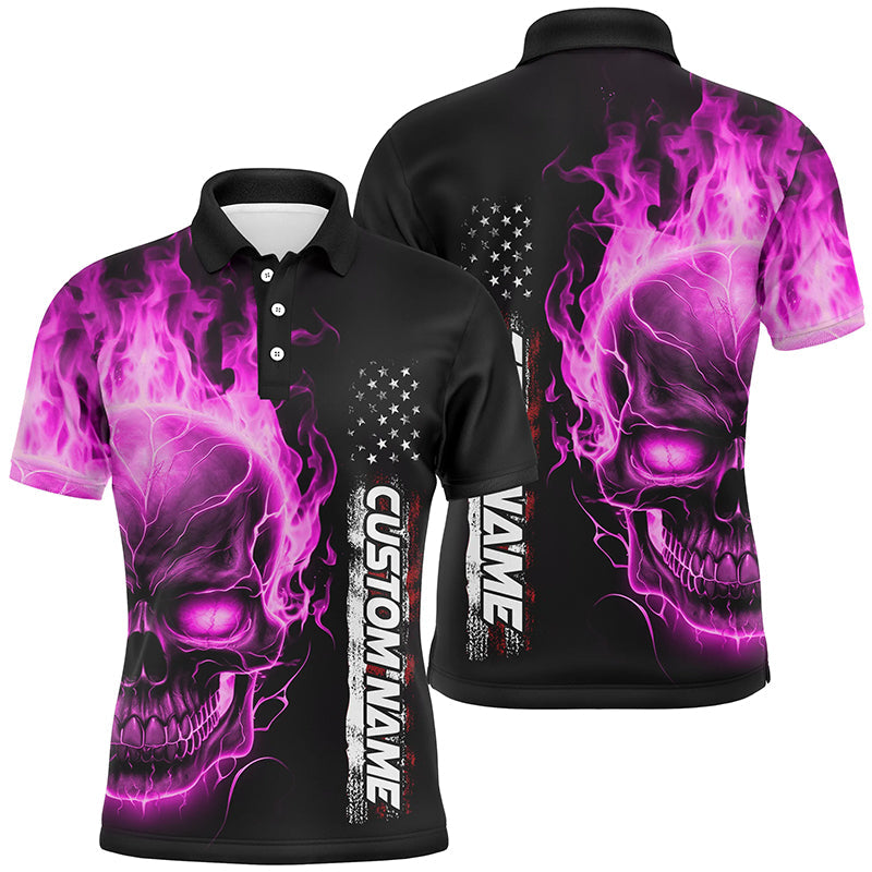 Pink Flame Skull Custom Bowling Polo Shirts For Men And Women, American Bowling Team Jerseys IPHW5279