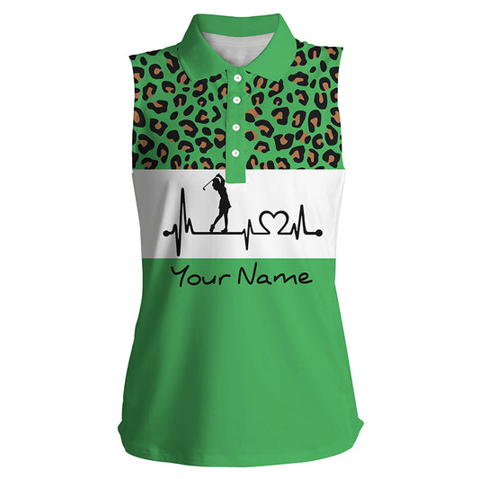 Women's sleeveless golf polo shirt golf heartbeat custom leopard golf shirt, golfing gifts for women NQS4960