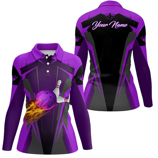 Personalized Women polo Shirt Flame Bowling Ball Pins, bowling jerseys for bowlers | Purple NQS6440