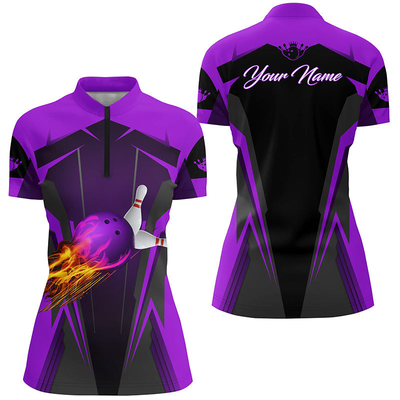 Personalized Women Quarter-Zip Shirt Flame Bowling Ball Pins, bowling jerseys for bowlers | Purple NQS6440