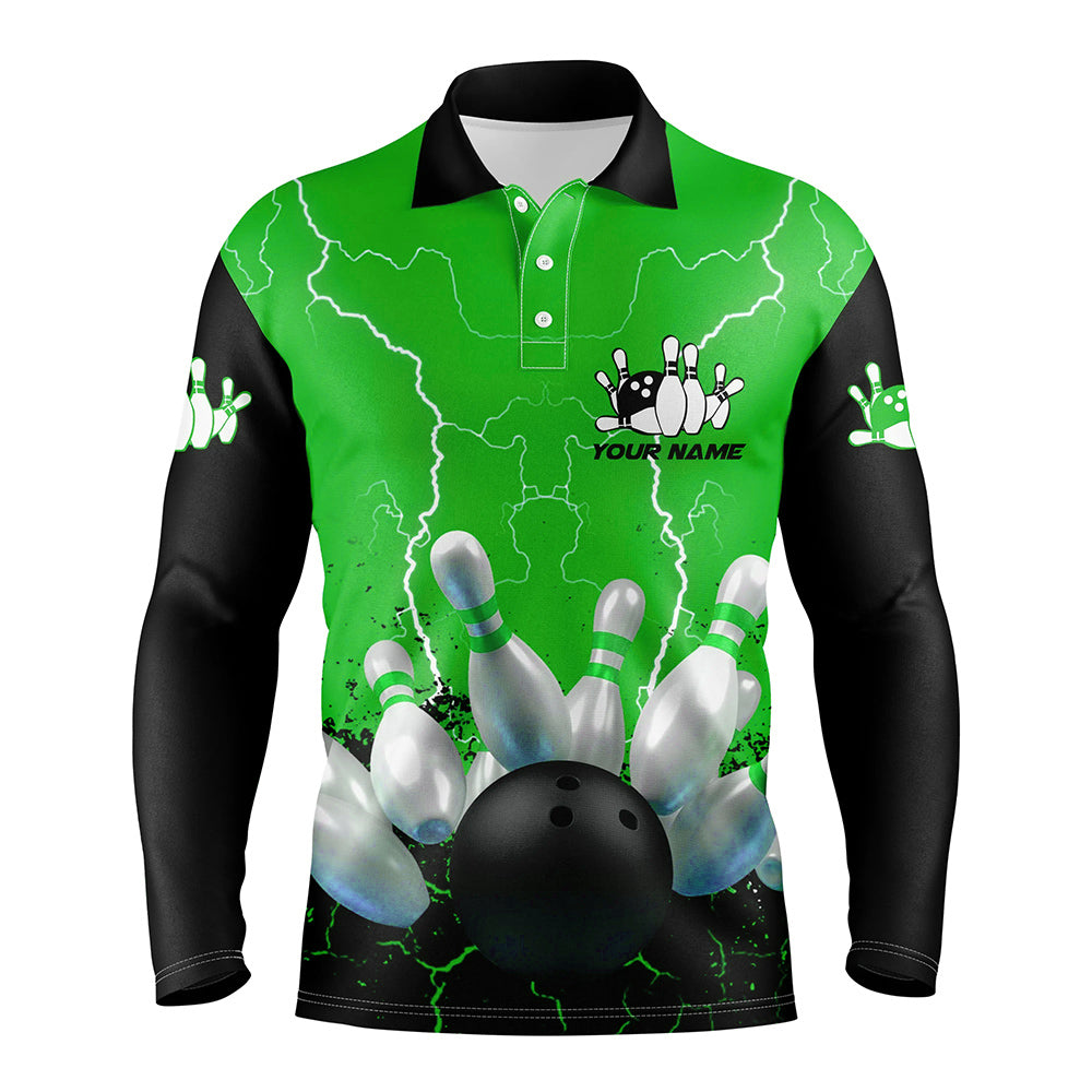 Green lightning Mens polo bowling shirts, Personalized men's bowling jerseys, bowling team jerseys NQS7280