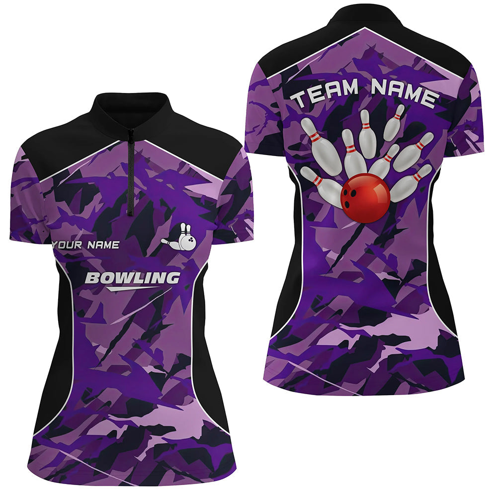 Womens bowling Quarter Zip shirts Custom bowling ball pins purple camo Bowling Team Jersey for ladies NQS6488