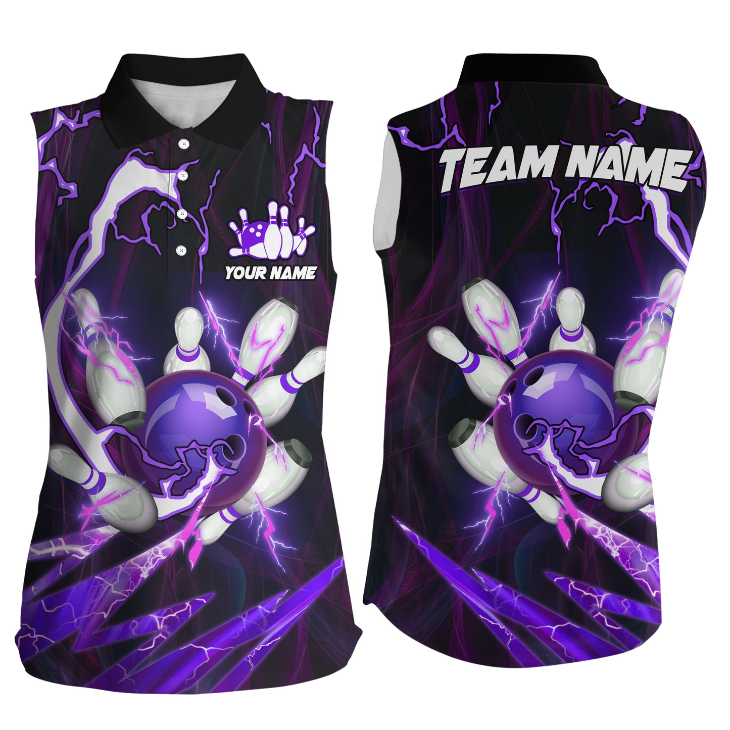 Flame lightning thunder bowling ball pins Custom Team Bowling sleeveless polo Shirts For Women| Purple NQS6550