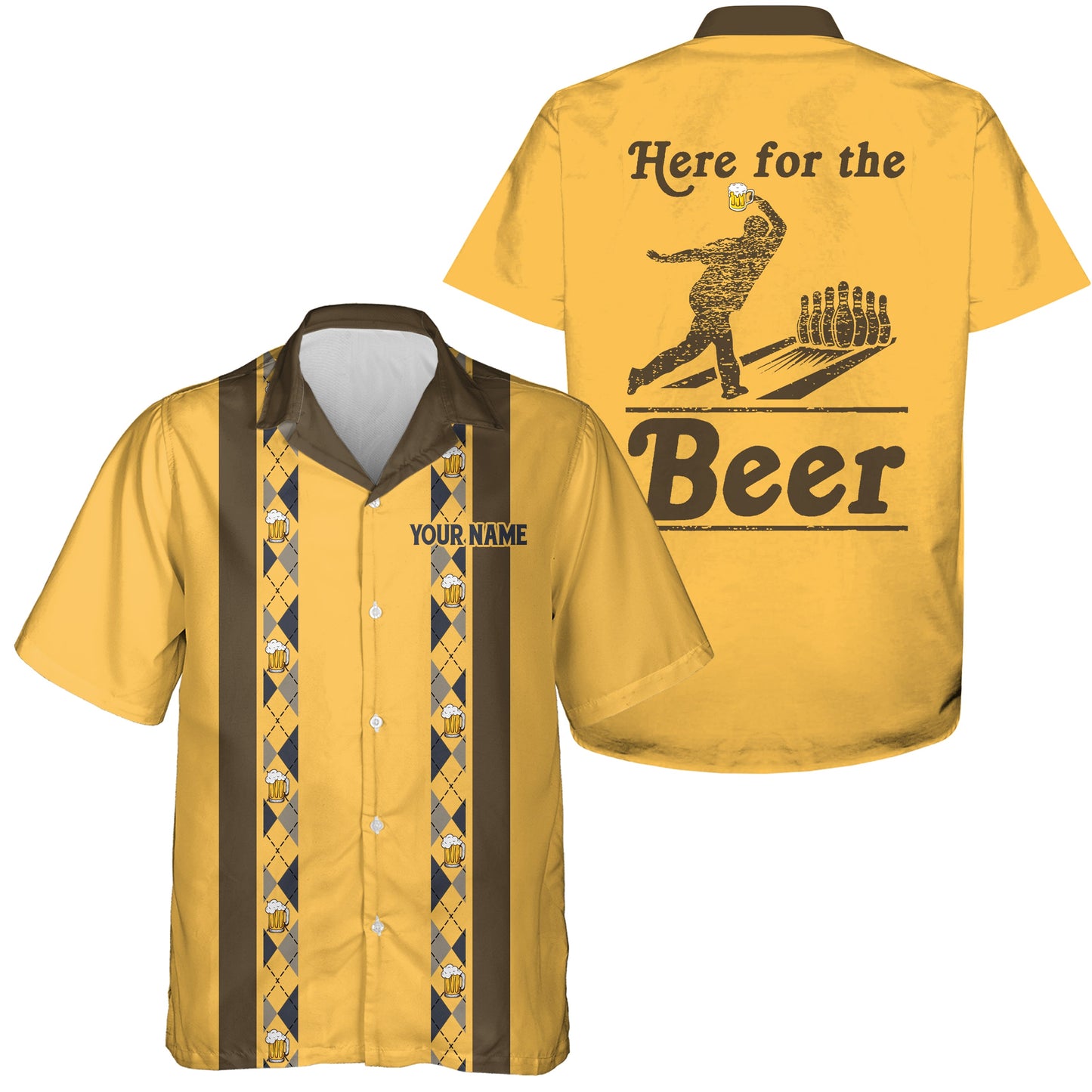 Personalized Yellow Retro Bowling hawaiian shirts Custom Here for the beer Team button up shirts NQS6567