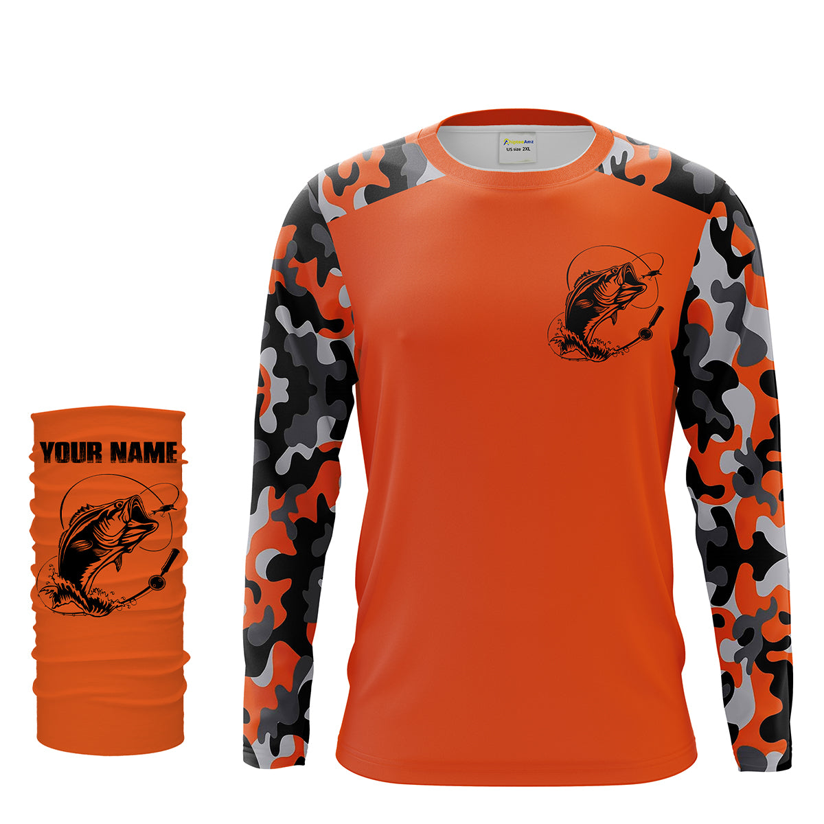 Custom Name Bass Fishing Camouflage Orange Performance Fishing Shirt, Bass Fishing Jerseys FSD2272