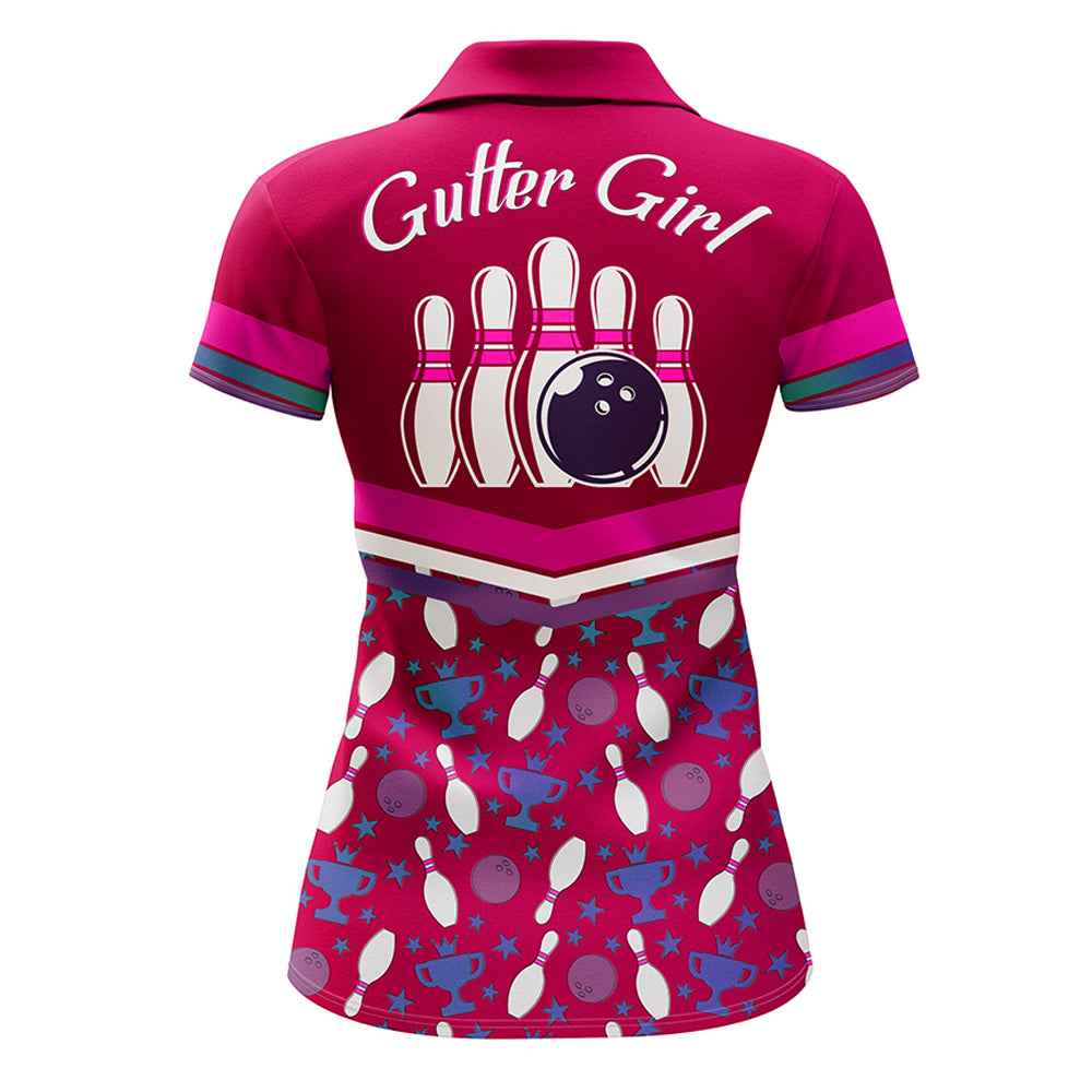 Polo Bowling Shirt for Women, Gutter Girl Pink Personalized Bowlers Jersey Short Sleeve NBP138