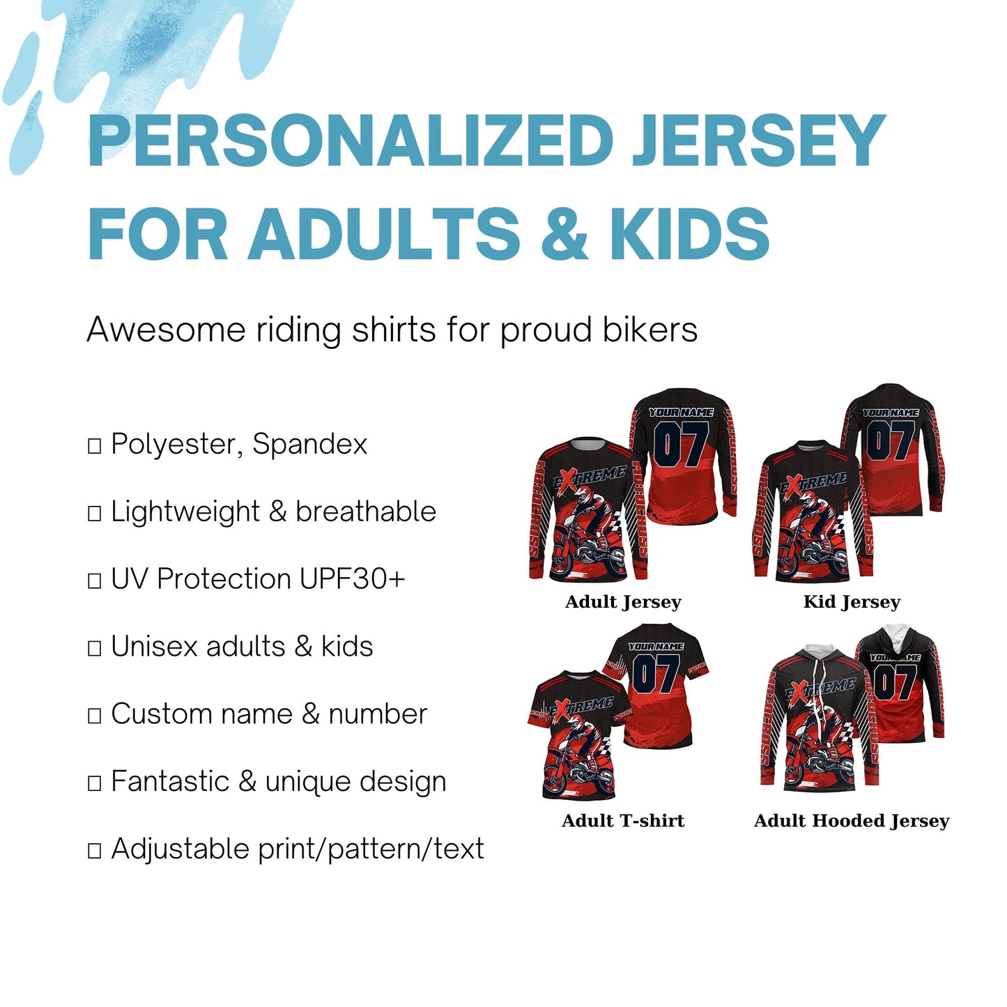 Personalized red UPF30+ Motocross riding jersey extreme MX racing dirt bike off-road motorcycle PDT40