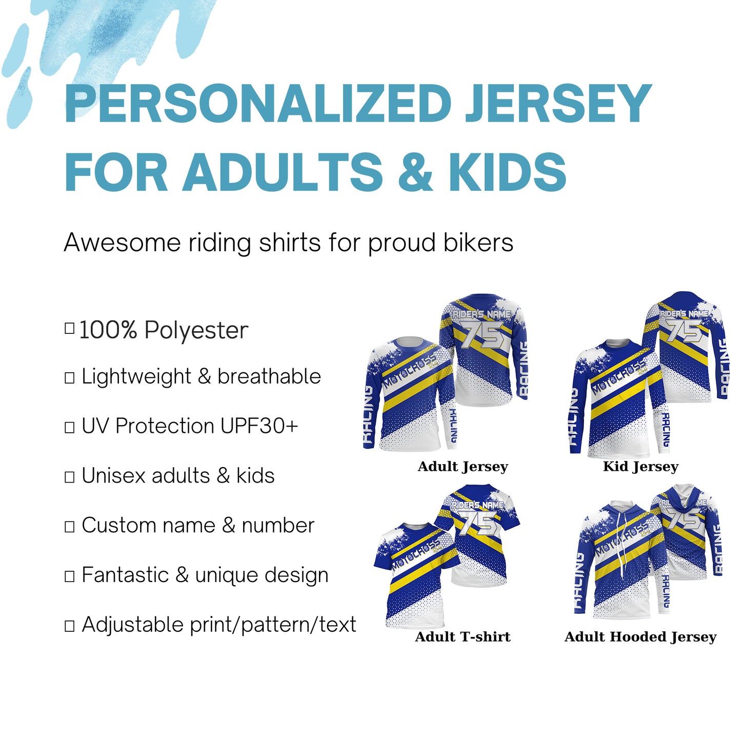 Custom motocross jersey blue dots UPF30+ kids men women dirt bike enduro motorcycle off-road shirt NMS1030