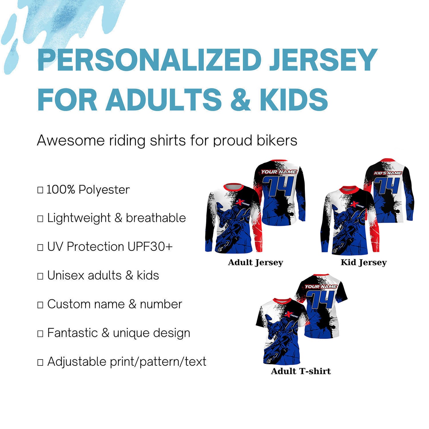 Custom MX jersey UV extreme Motocross racing men women kids blue&white dirt bike riding outfit PDT198