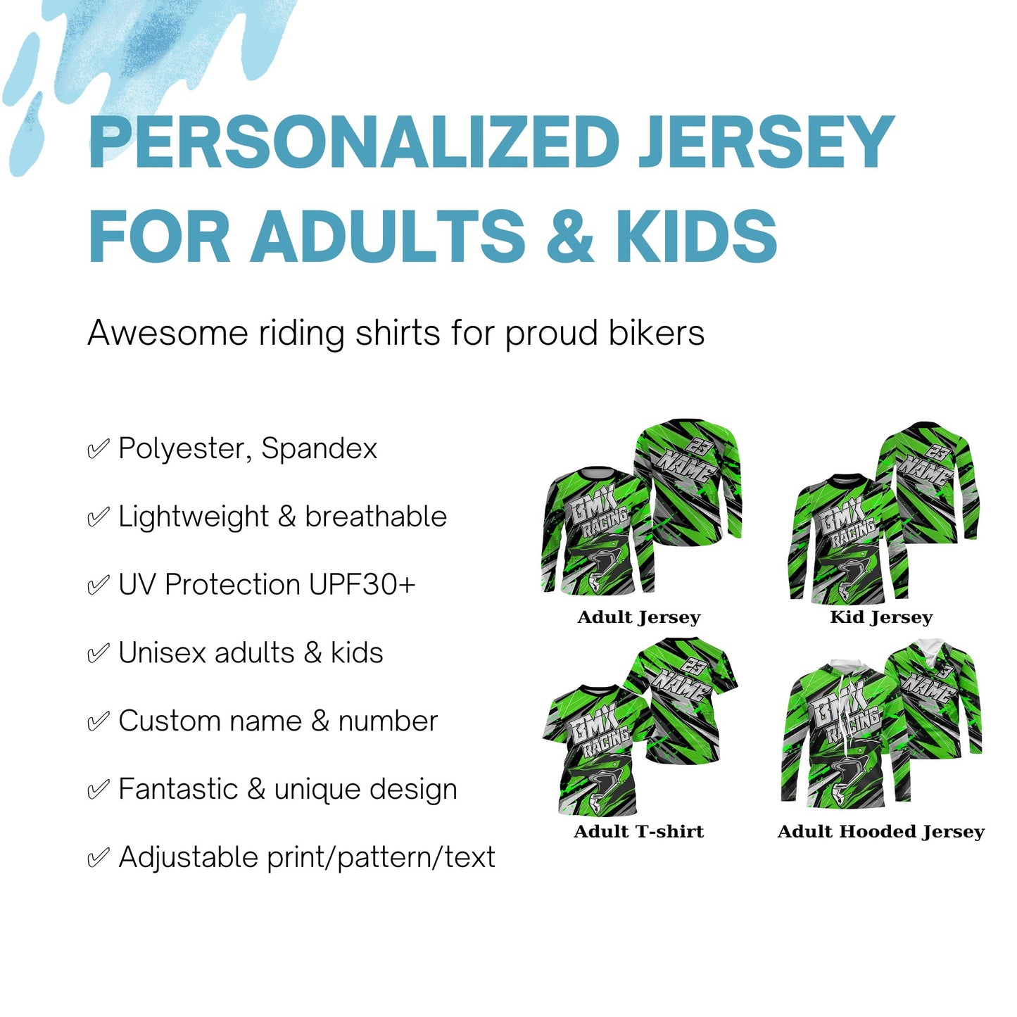 Personalized BMX racing jersey Green adult kid bike shirt UPF30+ enduro off-road cycling racewear| SLC51