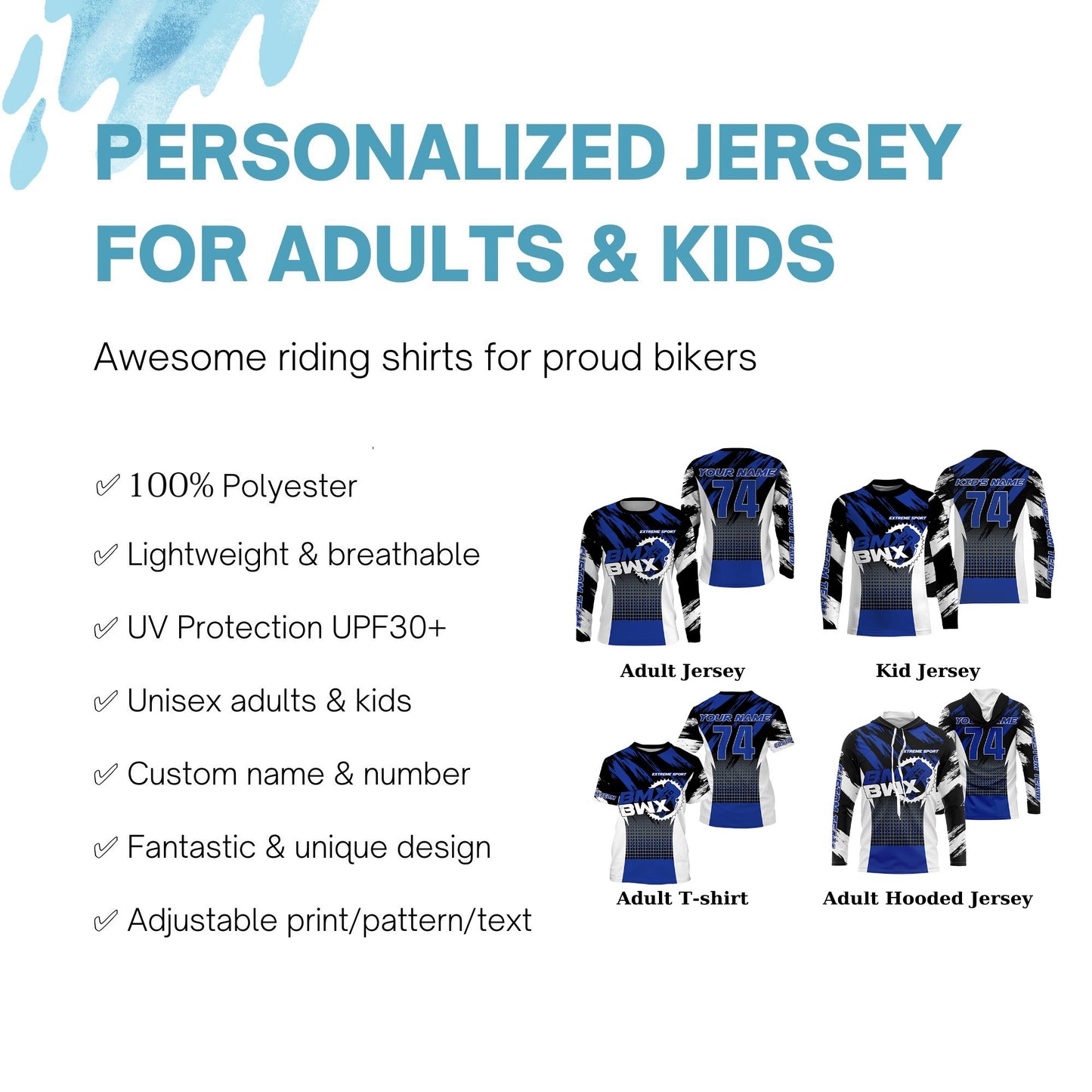 Blue BMX racing jersey Personalized UPF30+ adult kid riding BMX shirt extreme sports cycling gear| SLC102