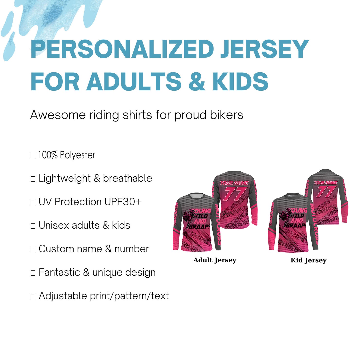 Personalized Motocross Jersey for Women Girls UPF30+ Young Wild Brap Dirt Bike Racing Off-road NMS1254