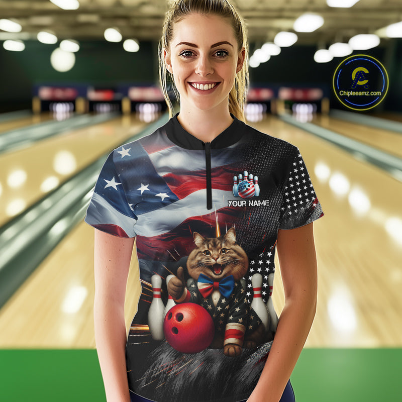 American Flag Funny Cat Bowling Shirt for Women Custom Bowling League Jersey Polo & 1/4 Zip Shirt QZT807