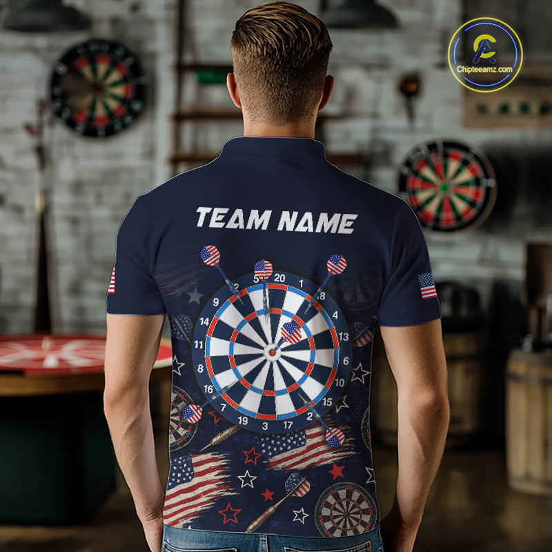 Back view of a man wearing a custom navy dart polo with personalized team name and a distressed American flag graphic in a professional dart room.