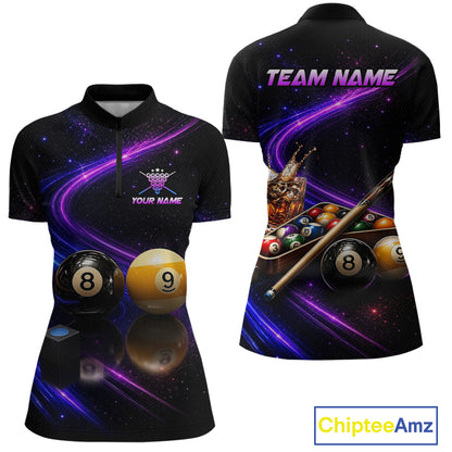 Front and back views of a women's short-sleeve polo shirt on a white background. The shirt features a black base with a vibrant purple and pink cosmic galaxy print, decorated with 8-ball and 9-ball pool balls, a pool cue, and a beer glass graphic.