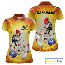 Load image into Gallery viewer, Bowling-themed polo shirt with cartoon woodpecker and bowling pins, customizable text, and Chiptee Amz branding.