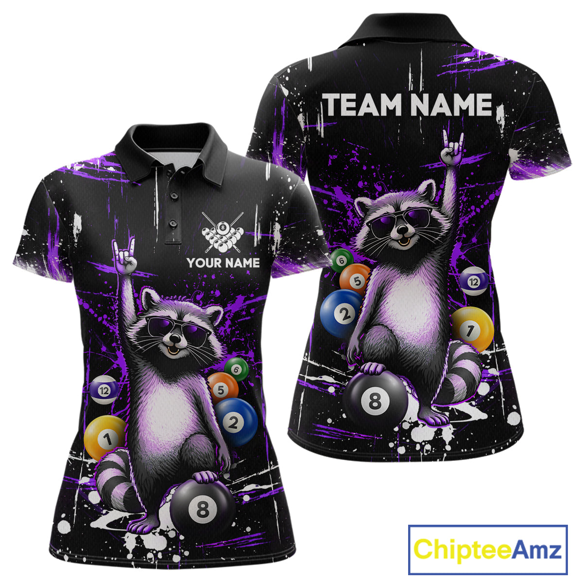 Custom Purple Funny Raccoon Billiard Shirt for Women 8 Ball Pool Billiard Jersey Polo & 1/4-Zip BHT5