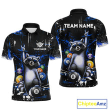 Load image into Gallery viewer, Custom Blue Funny Raccoon Billiard Shirt for Men 8 Ball Pool Billiard Jersey Polo &amp; 1/4-Zip BHT5