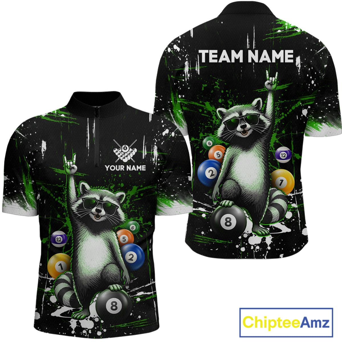 Custom Green Funny Raccoon Billiard Shirt for Men 8 Ball Pool Billiard Jersey Polo & 1/4-Zip BHT5