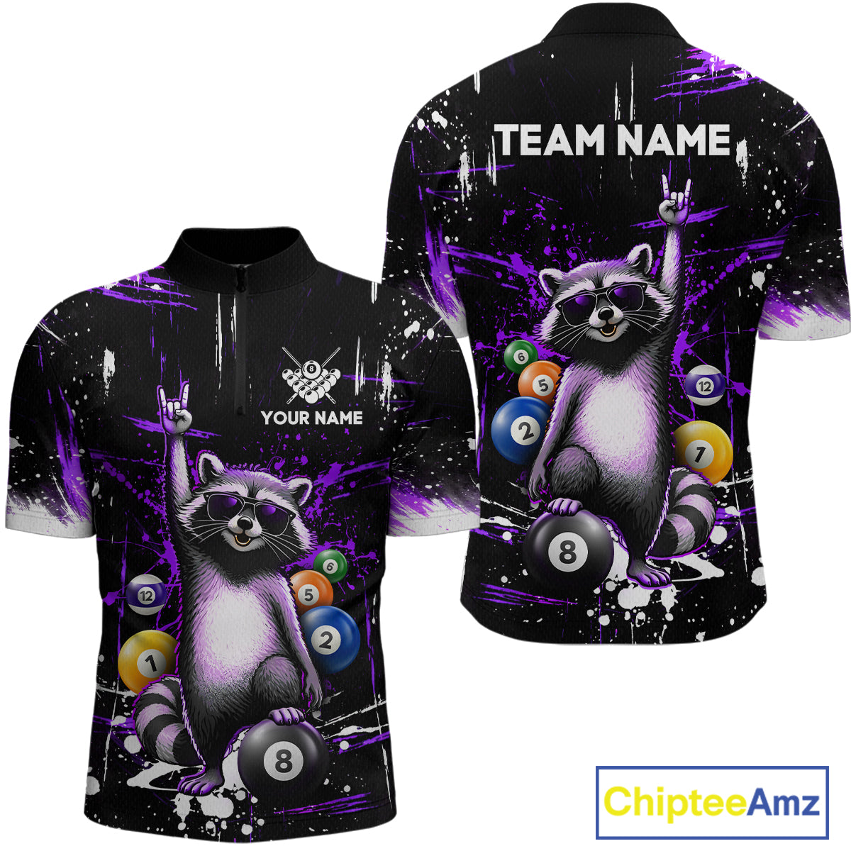 Custom Purple Funny Raccoon Billiard Shirt for Men 8 Ball Pool Billiard Jersey Polo & 1/4-Zip BHT5