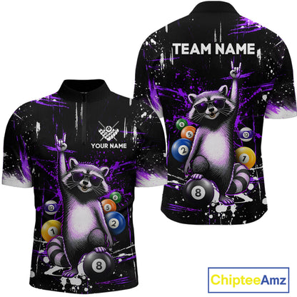 Custom Purple Funny Raccoon Billiard Shirt for Men 8 Ball Pool Billiard Jersey Polo & 1/4-Zip BHT5