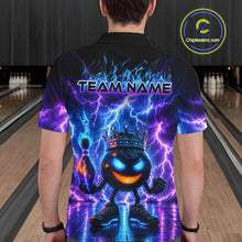 Load image into Gallery viewer, Person wearing a black bowling shirt with colorful design and 'TEAM NAME' text in a bowling alley.