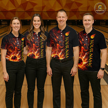 Load image into Gallery viewer, Four people wearing matching bowling shirts with a fiery design on a bowling alley.