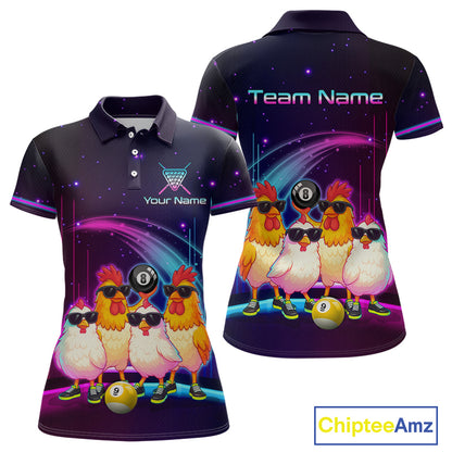 Front and back views of a custom short-sleeve polo shirt featuring a colorful cosmic space background with cartoon chickens wearing sunglasses and playing billiards. The shirt includes customizable text placeholders 'Team Name' and 'Your Name'.