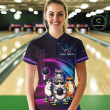 Load image into Gallery viewer, Person wearing a custom bowling shirt with cartoon cats design in a bowling alley.