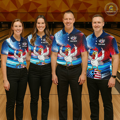 Custom American Flag Chicken Bowling Shirt for Women Patriotic Bowling Jersey Polo & Quarter-Zip QZT1031