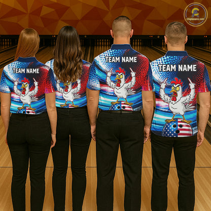 Custom American Flag Chicken Bowling Shirt for Women Patriotic Bowling Jersey Polo & Quarter-Zip QZT1031