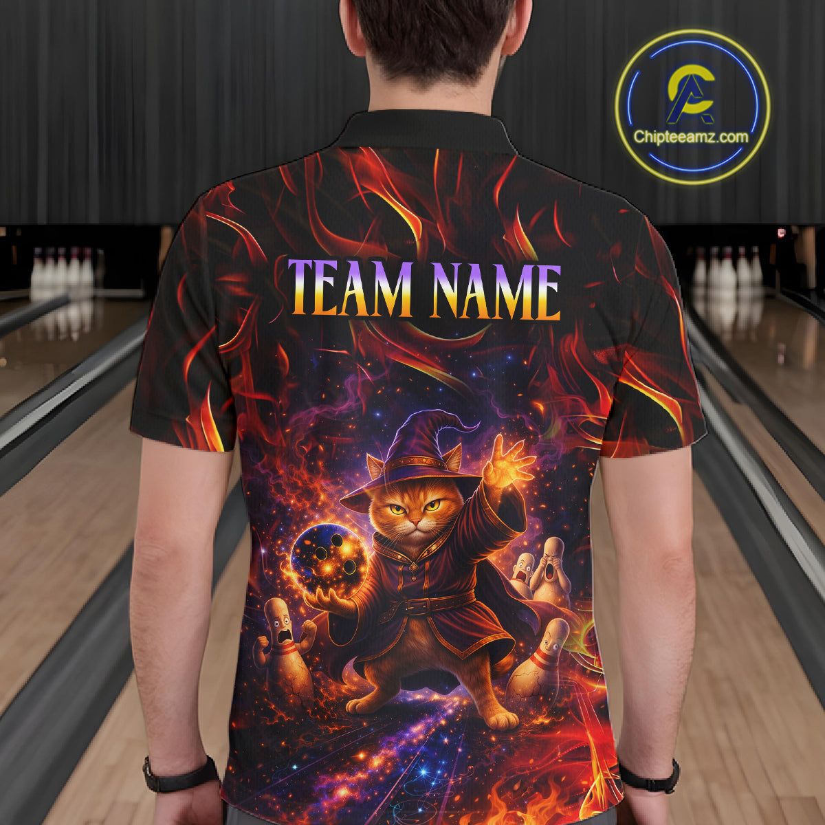 Custom Funny Cat Wizard Bowling Shirts for Men Flame Bowling Jersey for Team Bowling Outfit QZT921