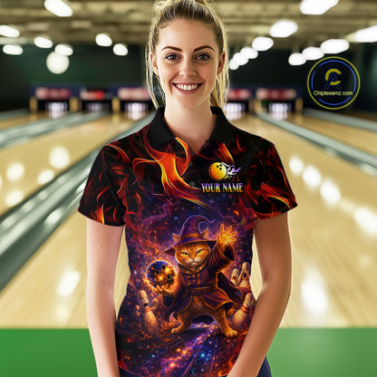 Custom Funny Cat Wizard Bowling Shirts for Women Flame Bowling Jersey for Team Bowling Outfit QZT921