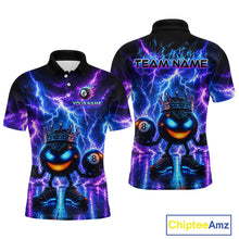 Load image into Gallery viewer, Polo shirt with a vibrant design of a character holding a bowling ball, lightning effects.
