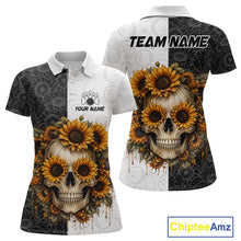 Load image into Gallery viewer, Polo shirt with skull and sunflower design on a white background, featuring customizable text.